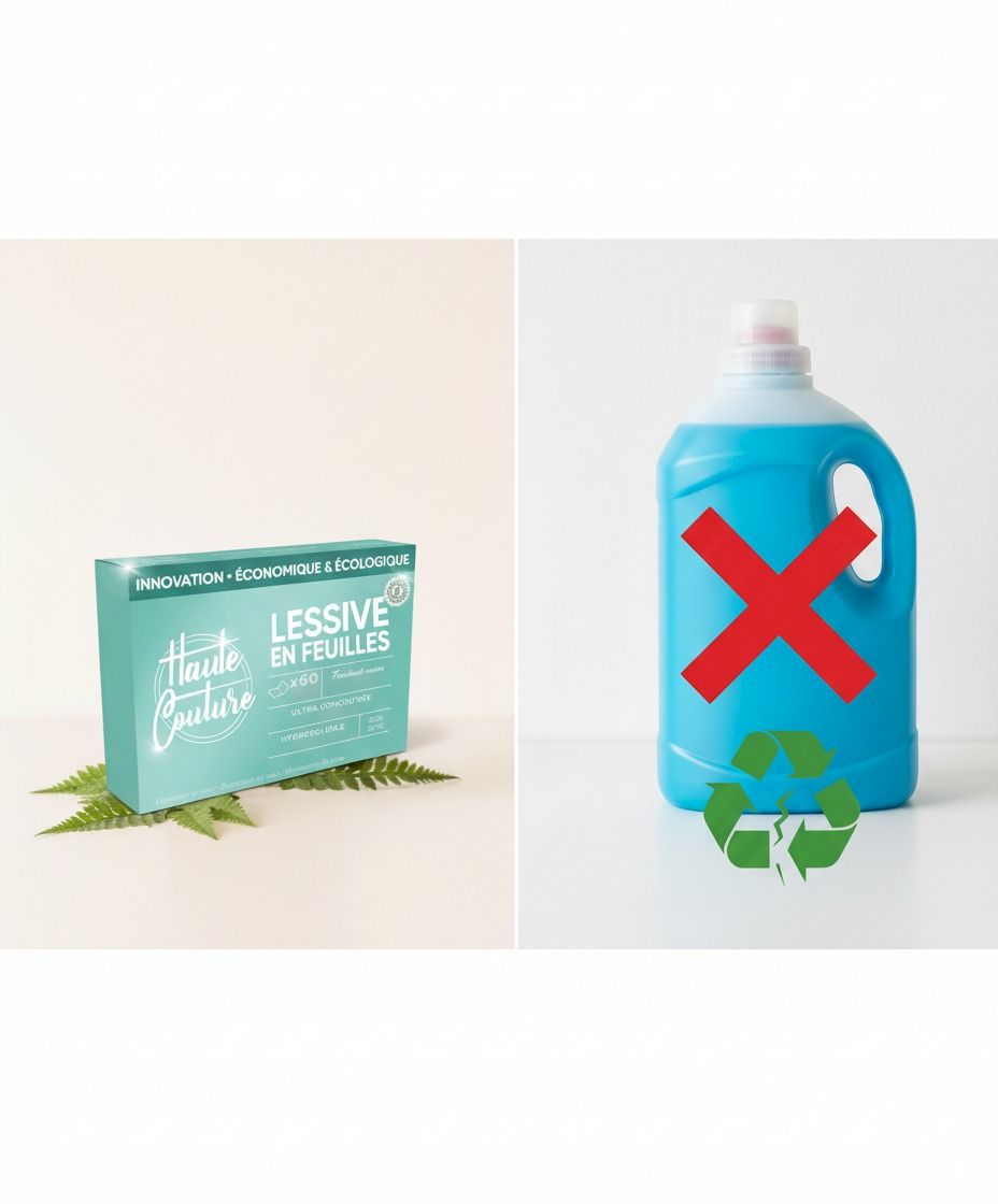 Comparatif visuel entre la lessive en feuille écologique et un bidon de lessive en plastique