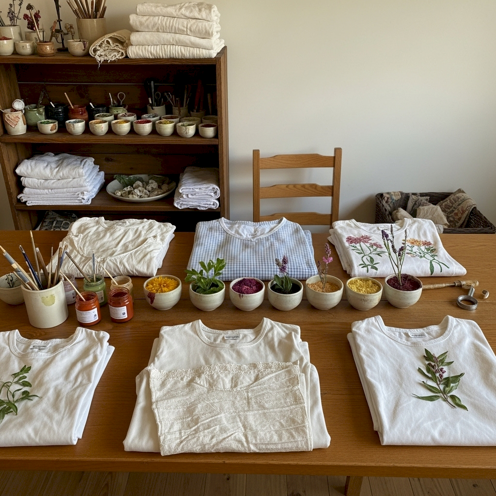 Het DIY-proces van kleding verven: handen dompelen een wit kledingstuk in een emmer met natuurlijke textielverf.